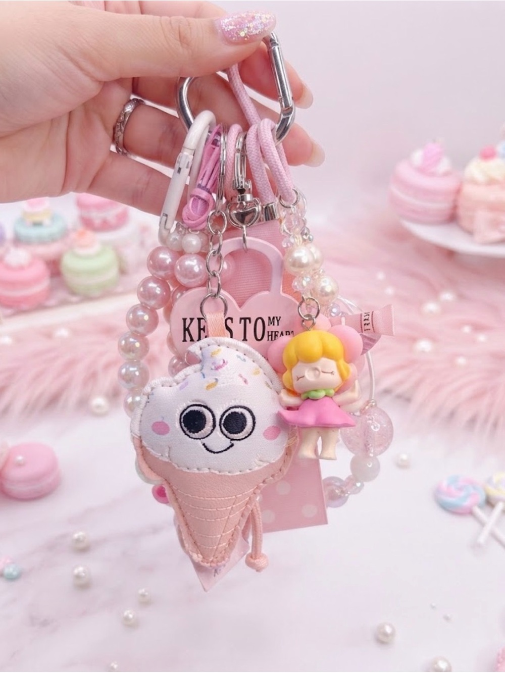 Custom keychain 
Cute Pink Ice Cream Charm Keychain